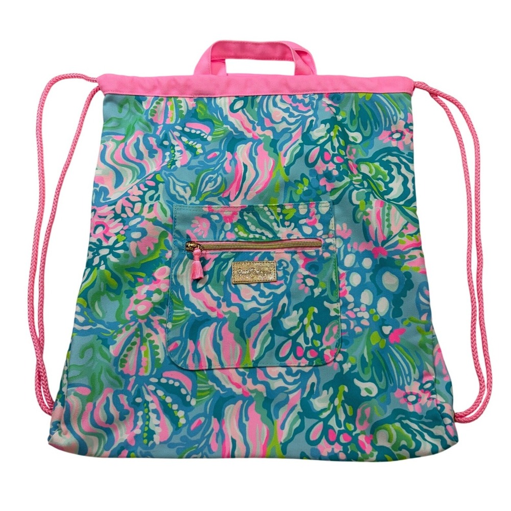Lilly Pulitzer Aqua La Vista Blue Ibiza Drawstring Floral Print Pocket Bag